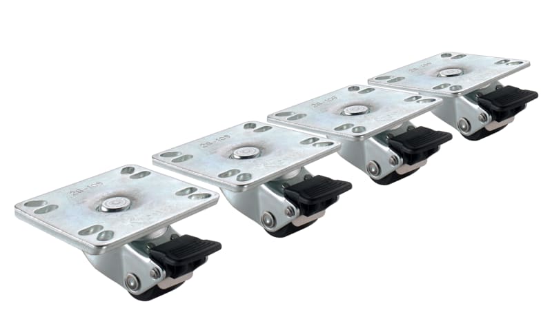 Krowne 28-109S 2" Overall Ultra Low Profile Universal 3-1/2" x 3-1/2" Plate Caster with Front Brake, 1" Wheel, Set of 4