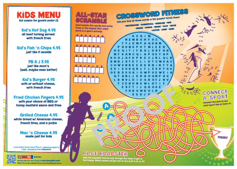 Family Hospitality Group 310-ACT1(1000) Placemat Kids' Paper 10 x 14 "Active" With 2-Sides Printed