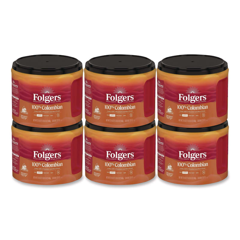 Folgers FOL30445CT 100% Columbian Coffee, 22.6 oz Canister, 6/Carton