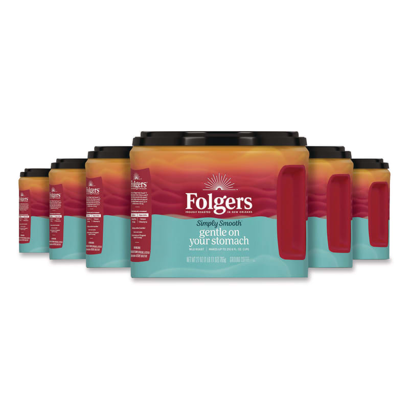 Folgers FOL30446CT Simply Smooth Ground Coffee, Gentle On Your Stomach, 27 oz Canister, 6/Carton