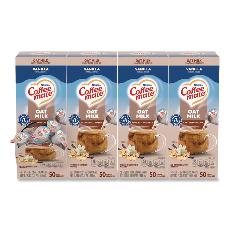 Coffee mate NES19891CT Plant-Based Oat Milk Liquid Creamers, Natural Vanilla, 0.38 oz Mini Cups, 50/Box, 4 Boxes/Carton