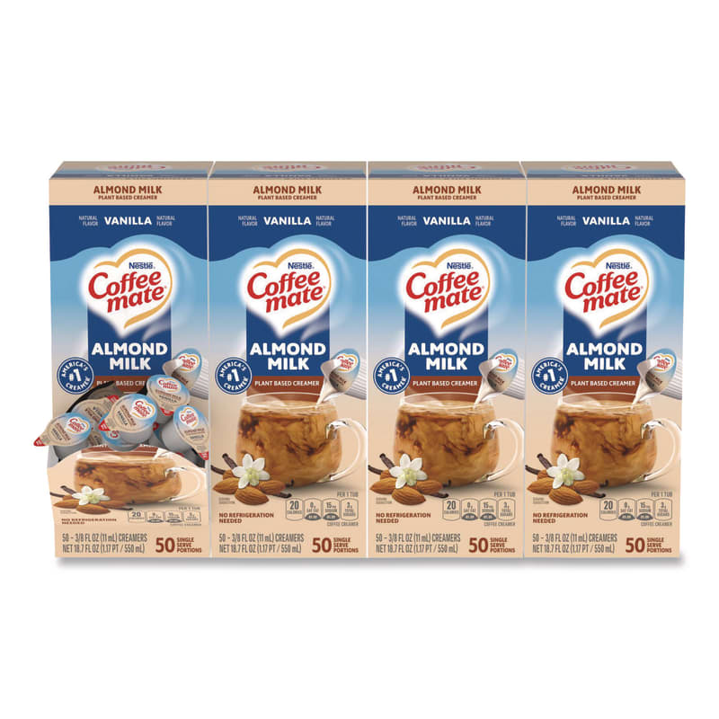 Coffee mate NES42258CT Plant-Based Almond Milk Non-Dairy Liquid Creamer Singles, Natural Vanilla, 0.38 oz Mini Cups, 200/Carton