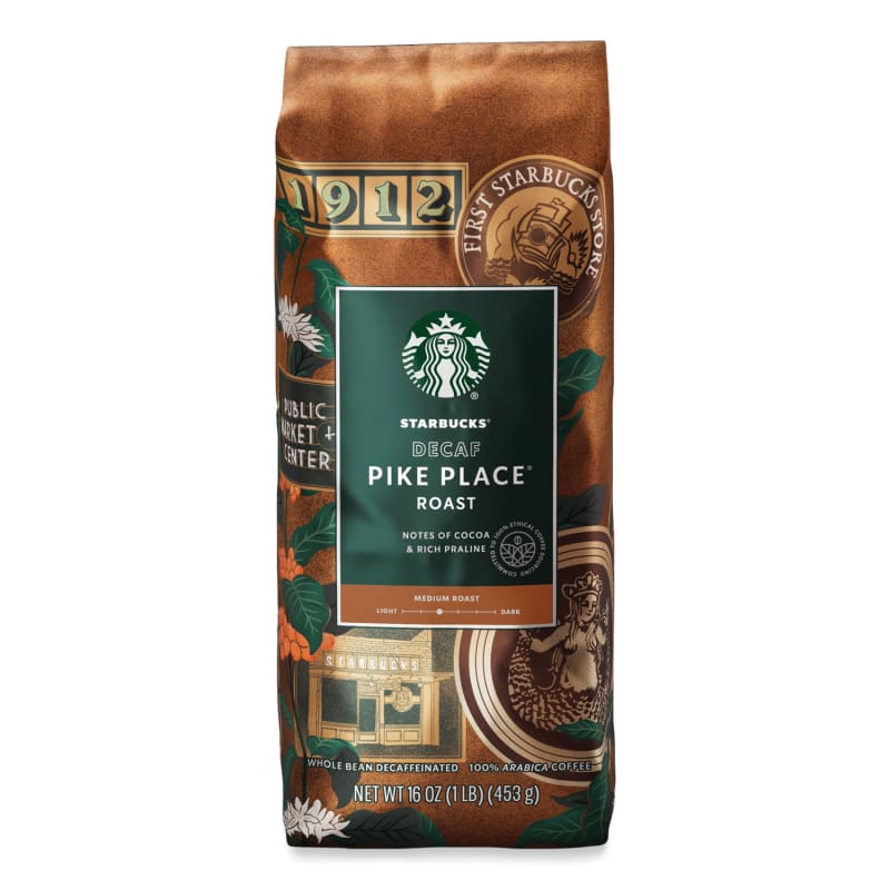 Starbucks SBK12540222 Whole Bean Coffee, Decaffeinated, Pike Place, 1 lb, Bag
