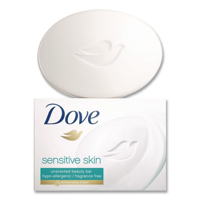 Dove DVOCB613789 Sensitive Skin Bath Bar, Unscented, 4.5 oz, 8 Bars/Pack, 9 Packs/Carton
