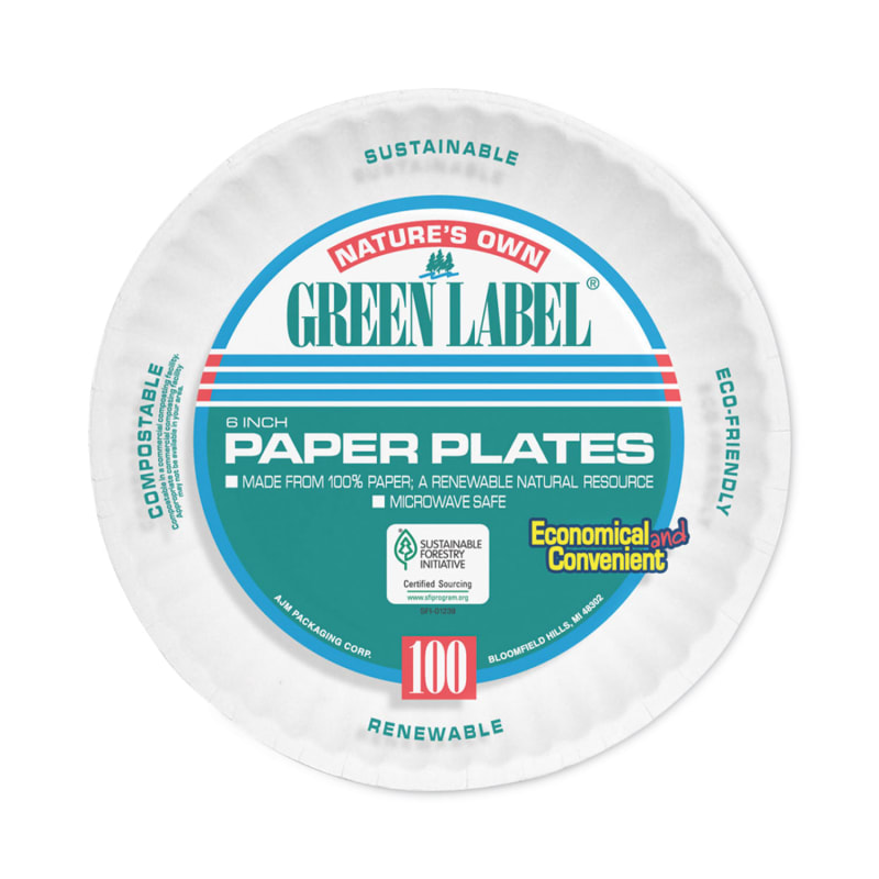 AJM Packaging Corporation AJMPP6GRAWH Green Label Coated Paper Plates, 6" dia, White, 100/Pack, 12 Packs/Carton