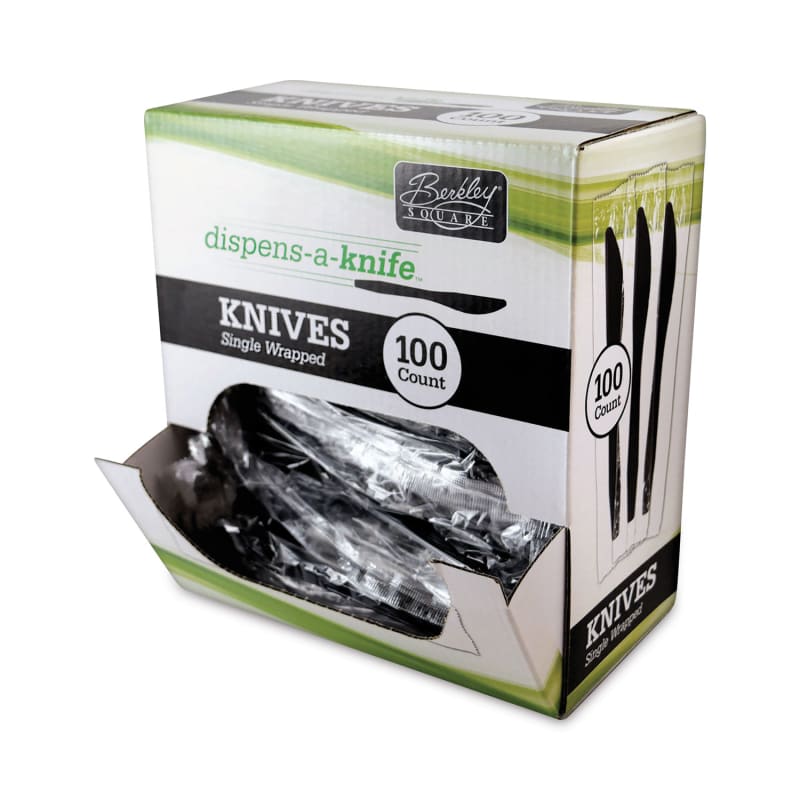 Berkley Square BSQBEP90200 Dispens-a-Knife, Individually Wrapped, Mediumweight Knife, Plastic, Black, 100/Box
