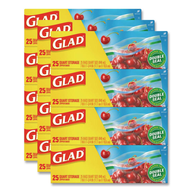 Glad CLO55052 Zipper Food Storage Plastic Bags, Quart Size, 7.75 x 7, Clear, 25 Bags/Box, 12 Boxes/Carton