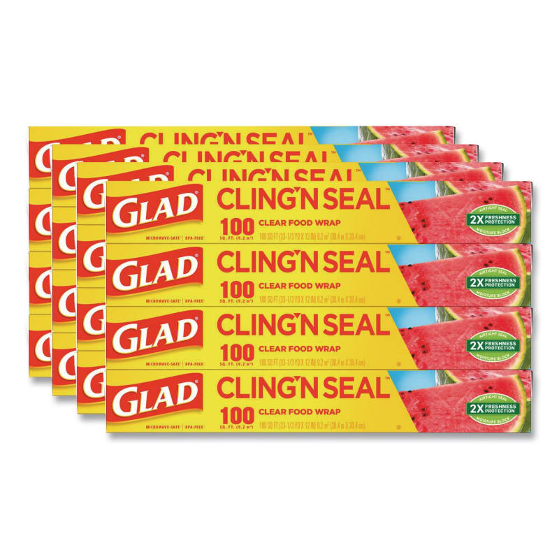 Glad CLO60684 Cling'N Seal Plastic Food Wrap, 12" x 33.3 yd, 100 sq ft Roll, 16 Rolls/Carton