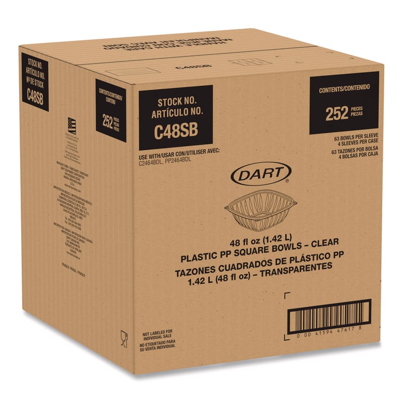 Dart DCCC48SB Square Plastic Bowls, 48 oz, 5 x 5 x 2.55, Clear, Plastic, 63 Bowls/Sleeve, 4 Sleeves/Carton
