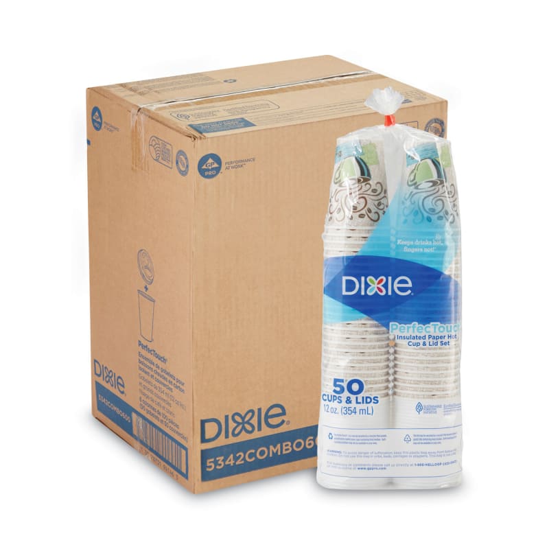 Dixie DXE5342COMBO6CT PerfecTouch Paper Hot Cups and Lids Combo, 12 oz, Coffee Haze Design, 50/Pack, 6 Packs/Carton