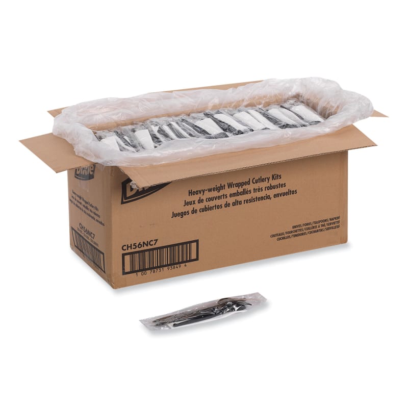 Dixie DXECH56NC7 Individually Wrapped Heavyweight Cutlery Set, Fork/Knife/Napkin/Spoon, Plastic, Black, 250/Carton