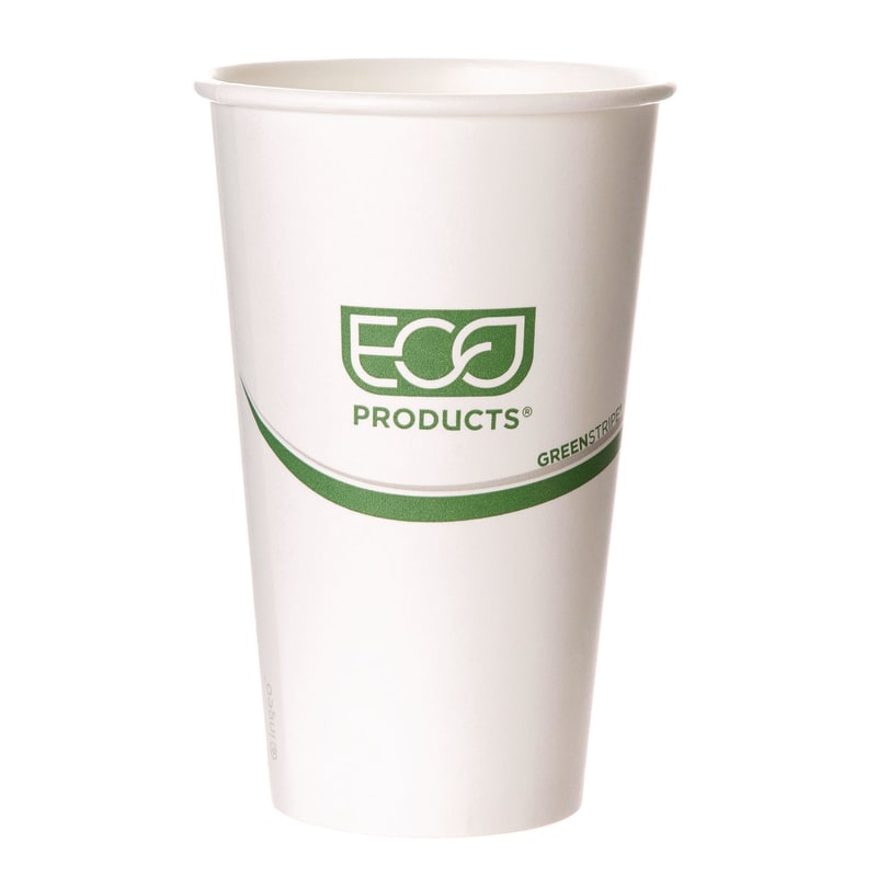 Eco-Products ECOEPBHC16GS GreenStripe Renewable and Compostable Hot Cups, 16 oz, Paper, White/Green, 50/Pack, 20 Packs/Carton