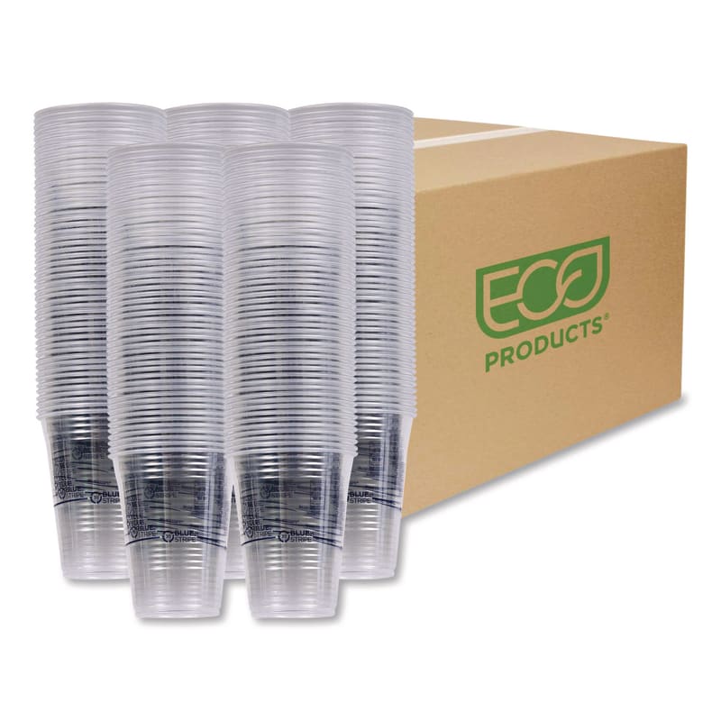 Eco-Products ECOEPCR16 BlueStripe 25% Recycled Content Cold Cups, 16 oz, Plastic, Clear/Blue, 50/Pack, 20 Packs/Carton
