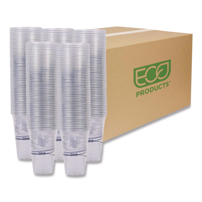 Eco-Products ECOEPCR24 BlueStripe Recycled Content Clear Plastic Cold Drink Cups, 24 oz, 600/Carton