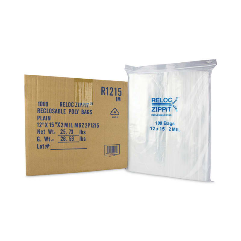 BagCo MGPMGZ2P1215 Zippit Resealable Bags, 2 mil, 12 x 15, Clear, 100 Bags/Pack, 10 Packs/Carton