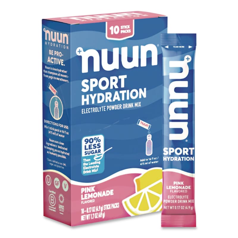 nuun NUU02392 Sport Hydration Electrolyte Powder Drink Mix, Pink Lemonade, 0.17 oz Stick, 10/Box