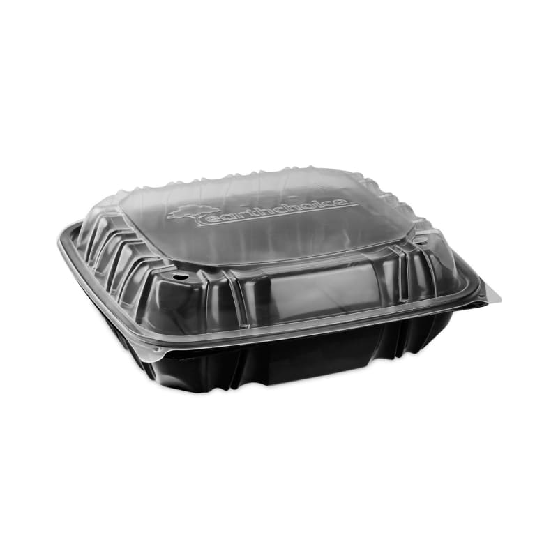 Pactiv Evergreen PCTDC109310B000 EarthChoice Vented Dual Color Microwavable Hinged Lid Container, 3 Compartments, 54 oz, Black/Clear, Plastic, 132/Carton