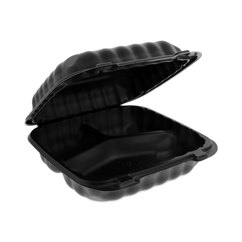 Pactiv Evergreen PCTYCNB08030000 EarthChoice SmartLock Microwavable MFPP Hinged Lid Container, 3 Compartments, 8.35 x 8.5 x 3.1, Black, Plastic, 200/Carton