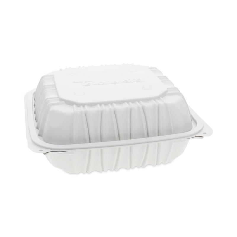 Pactiv Evergreen PCTYCNW0851 EarthChoice Vented Microwavable MFPP Hinged Lid Container, 8.4 x 8.7 x 3.1, White, Plastic, 146/Carton