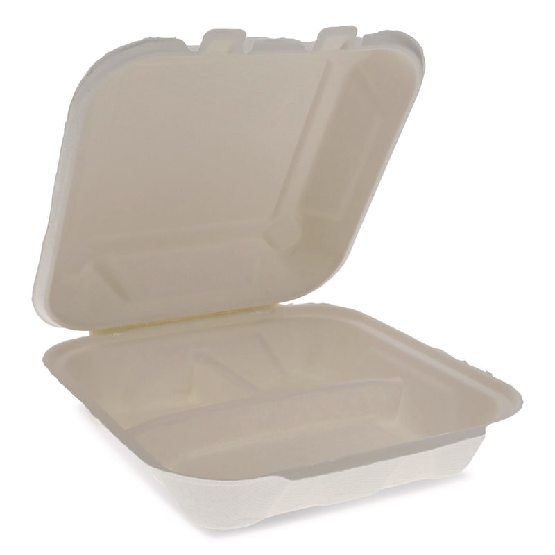 Pactiv Evergreen PCTYMCH0803BB EarthChoice Bagasse Hinged Lid Container, 7.8 x 7.8 x 2.8, White, 150/Carton