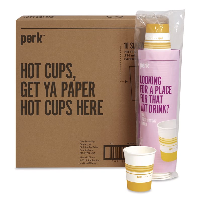 Perk PRKPK45592CT Paper Hot Cups, 8 oz, White/Yellow, 500/Carton