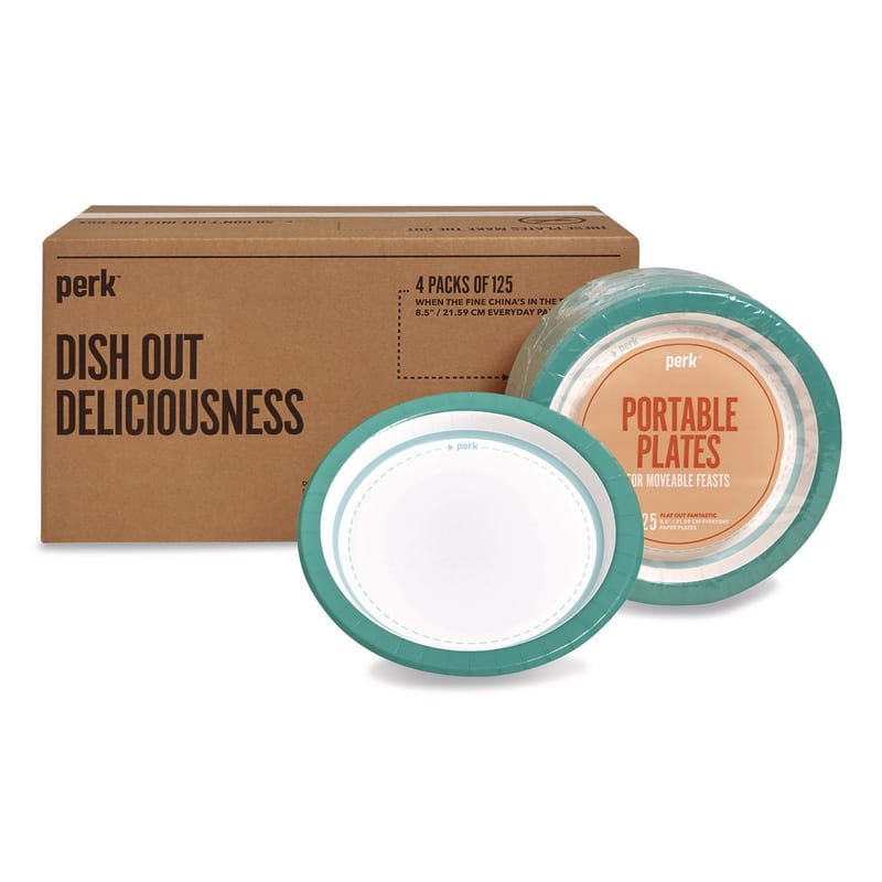 Perk PRKPK54329CT Medium-Weight Paper Plates, 8.5" dia, White/Teal, 500/Carton