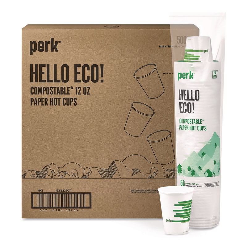 Perk PRKPK56222CT Eco-ID Compostable Paper Hot Cups, 12 oz, White/Green, 500/Carton