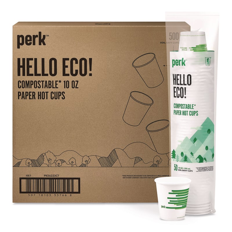 Perk PRKPK56223CT Eco-ID Compostable Paper Hot Cups, 10 oz, White/Green, 500/Carton