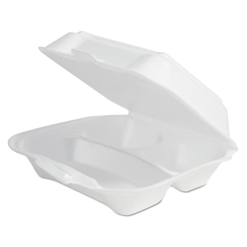 Plastifar PST12039 Foam Hinged Lid Container Secure One Tab Latch, 3 Compartments, 7.81 x 8.75 x 3.38, White, 100/Sleeve, 2 Sleeves/Bag