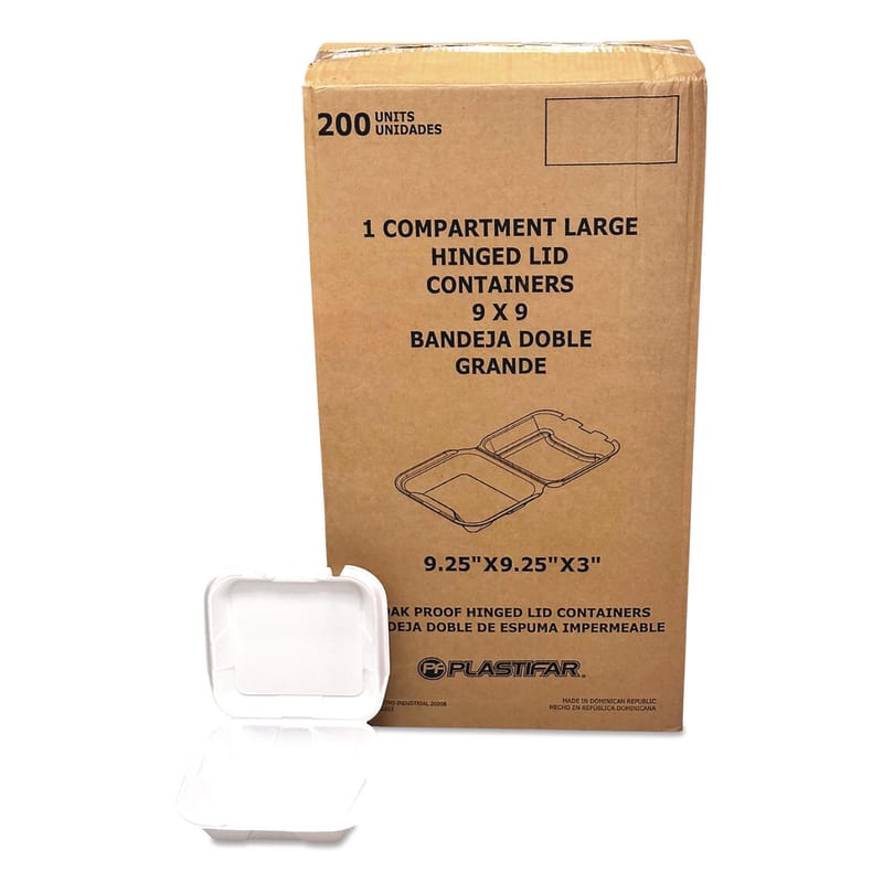 Plastifar PST12084 Foam Hinged Lid Containers, 9 x 9 x 3, White, Foam, 200/Carton