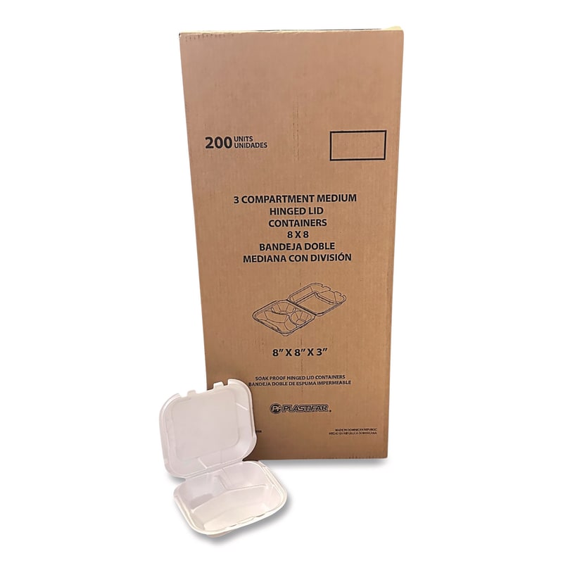 Plastifar PST12092 Foam Hinged Lid Containers, 3-Compartment, 8.56 x 8 x 2.76, White, Foam, 200/Carton