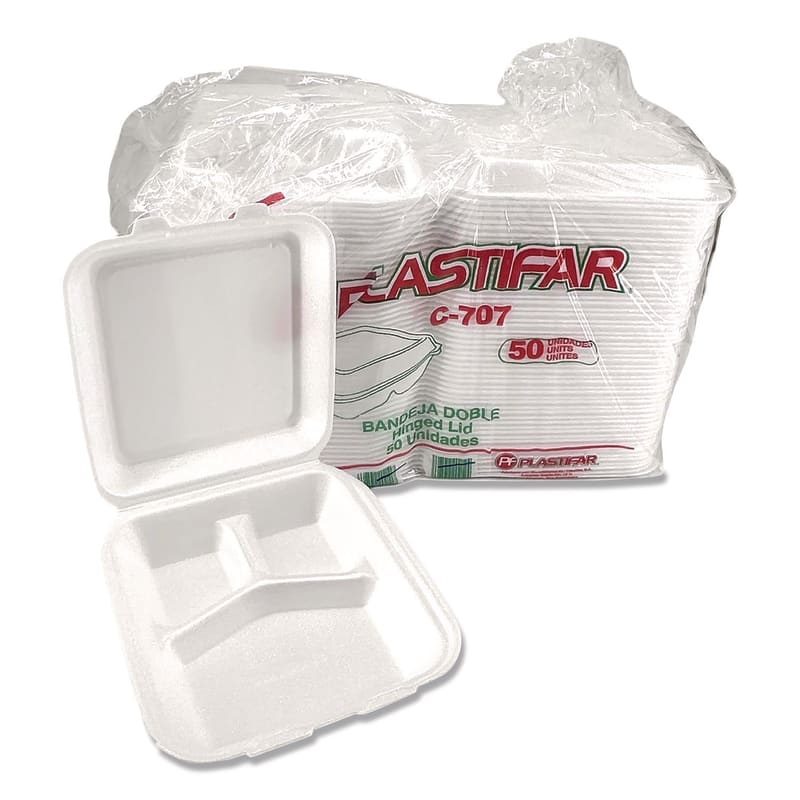 Plastifar PST12109 Foam Hinged Lid Containers, 3-Compartment, 7.56 x 8.25 x 2.38, White, Foam, 200/Carton