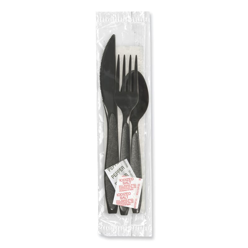 SOLO SCCHSK8Y Impress Heavyweight Full-Length Polystyrene Cutlery Kit, Fork/Knife/Napkin/Pepper/Salt/Spoon, Plastic, Black, 750/Carton