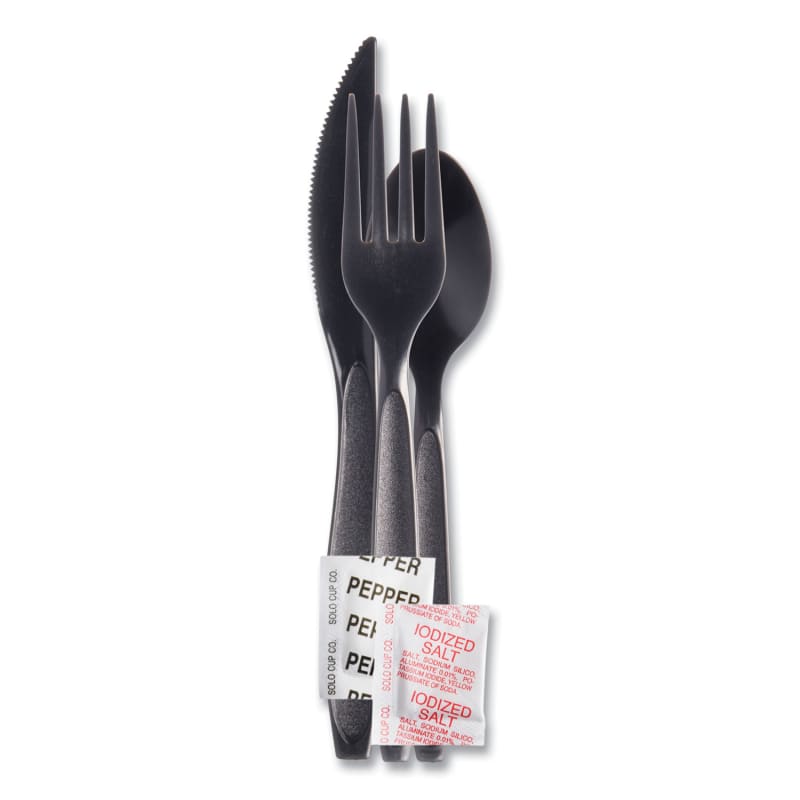 SOLO SCCRSK8Y0004 Reliance Mediumweight Cutlery Kit, Fork/Knife/Napkin/Pepper/Salt/Spoon, Plastic, Black, 250/Carton