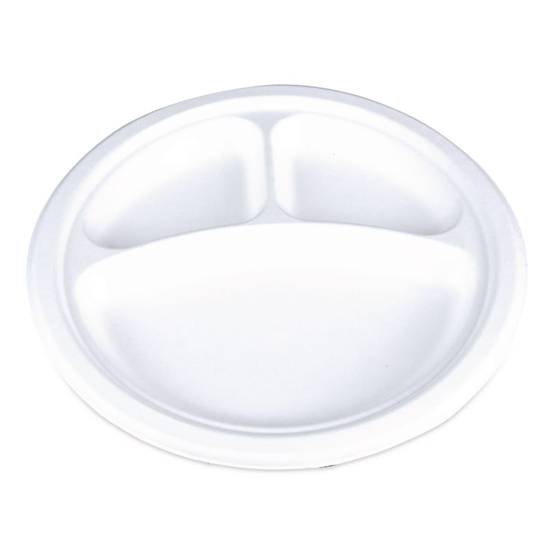 SCT SCH18163WPF ChampWare Molded Fiber Tableware, 3-Compartment Plate, 10" dia, White, 125/Sleeve, 4 Sleeves/Carton