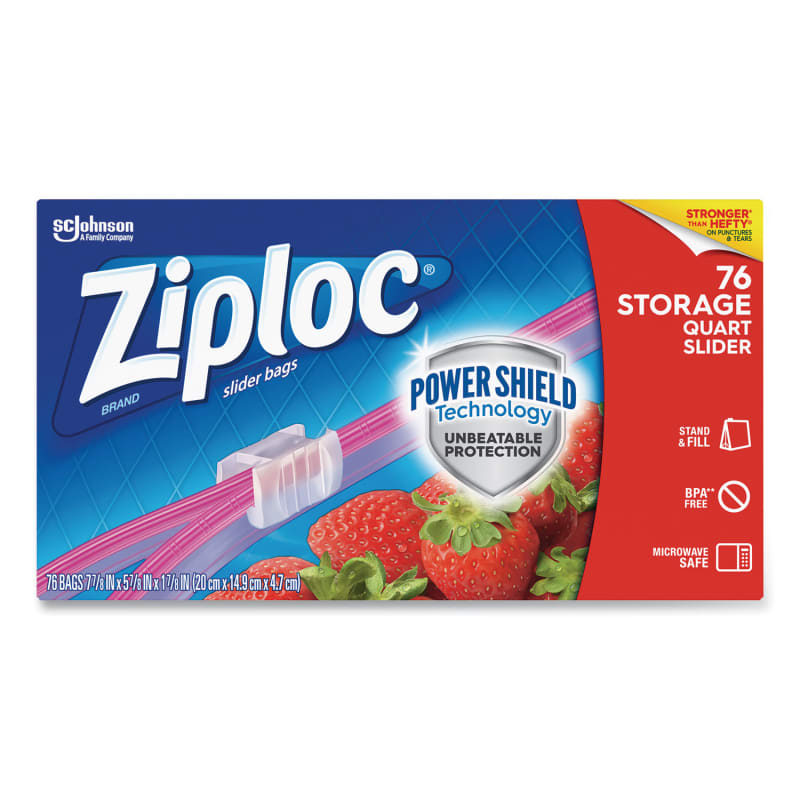 Ziploc SJN316490 Slider Storage Bags, Quart, 5.88" x 1.88" x 7.88", Clear, 76 Bags/Box, 9 Boxes/Carton