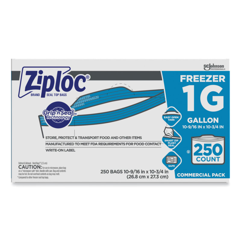 Ziploc SJN364937 Zipper Freezer Bags, 1 gal, 10.56" x 10.75", Clear, 250/Carton