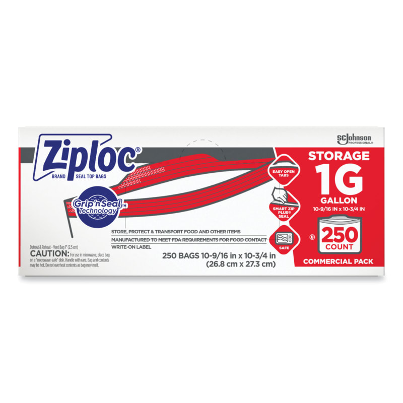 Ziploc SJN364948 Double Zipper Storage Bags, Triple System Seal, Gallon, 10.56" x 10.75", Clear, 250/Box