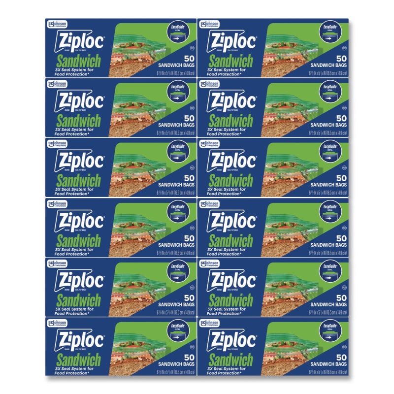 Ziploc SJN383179 Resealable Sandwich Bags, 6.5" x 5.88", Clear, 50 Bags/Box, 12 Boxes/Carton