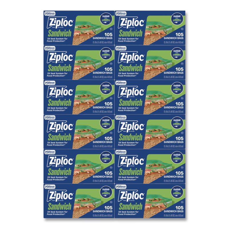 Ziploc SJN383211 Resealable Sandwich Bags, 6.5" x 5.88", Clear, 105 Bags/Box, 12 Boxes/Carton