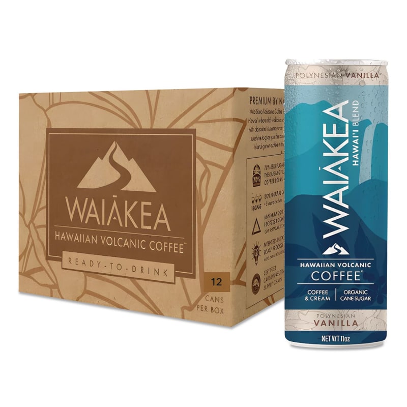Waiakea WAINOV00610 Hawaiian Volcanic Cold Brew Coffee, Polynesian Vanilla, 11 oz Can, 12/Carton