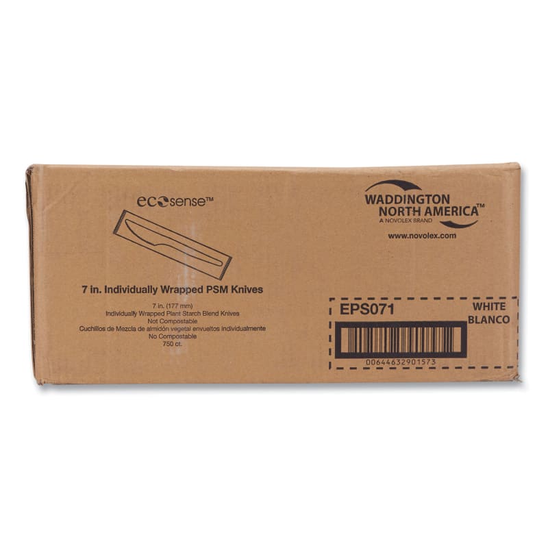 WNA WNAEPS071 EcoSense Renewable Plant Starch Cutlery, Individually Wrapped, Mediumweight Knife, Plastic, Natural, 750/Carton