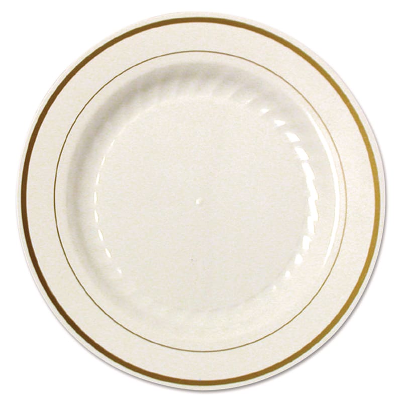 WNA WNAMP9IPREM Masterpiece Plastic Plates, 9" dia, Ivory/Gold, 10/Pack, 12 Packs/Carton