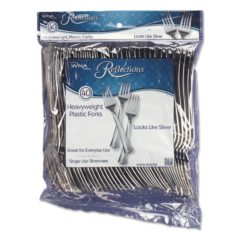 WNA WNAREF320FKPK Reflections Heavyweight Plastic Utensils, Fork, Silver, 40/Pack