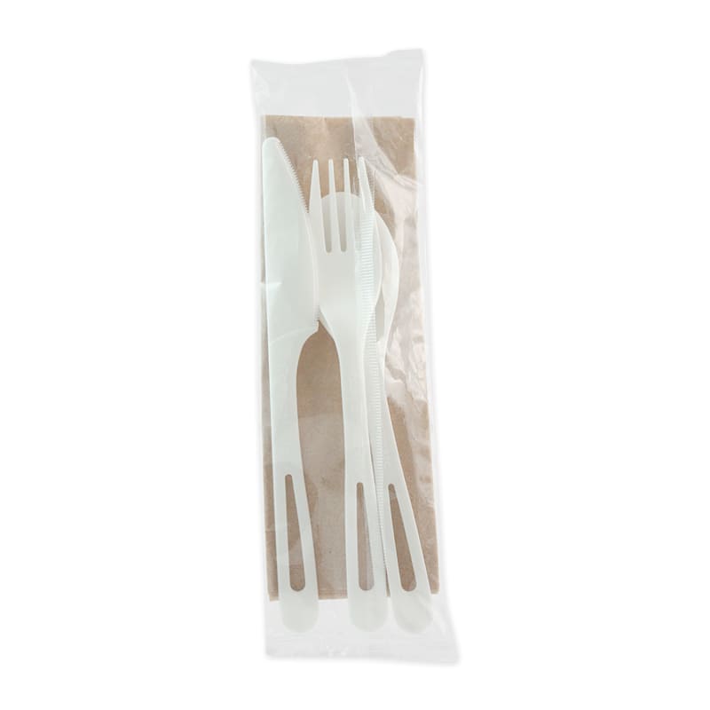 World Centric WORASPSTN TPLA Wrapped Cutlery, Fork/Knife/Napkin/Spoon, Plastic, Light Beige, 250/Carton