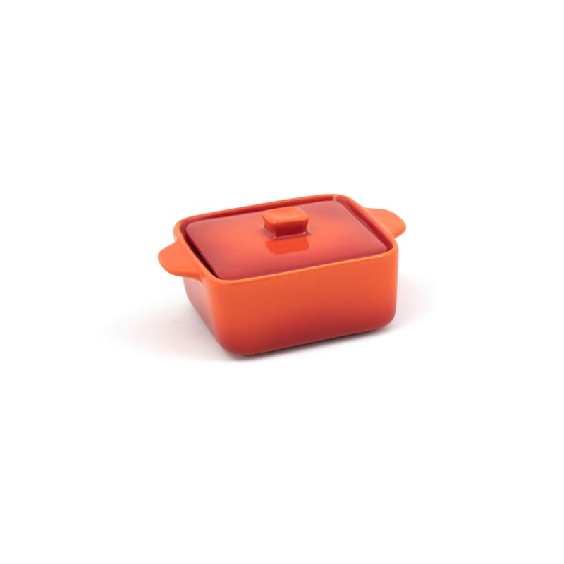 Front of the House DBO136ORC23 8 oz Square Kiln® Ovenware Dish with Lid, Blood Orange, 12/Case