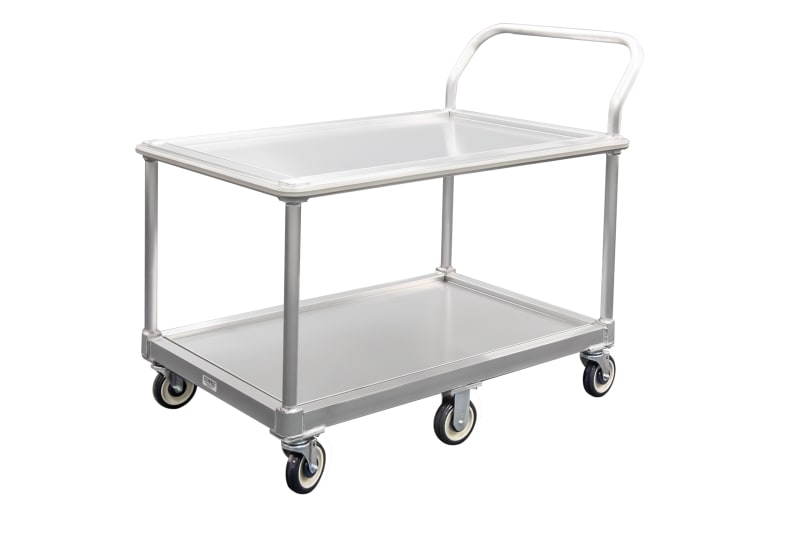 New Age Industrial 1410 2-Tier Mobile Heavy Duty Welded Aluminum Wet Produce Cart With Perimeter Bumper & Removable Solid Shelf Drip Pan Inserts/Covers