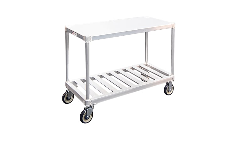 New Age Industrial 1415 2-Tier Heavy Duty Welded Aluminum Produce, Stocking & Utility Cart - Solid Top Shelf & T-Bar (Slatted) Bottom Shelf