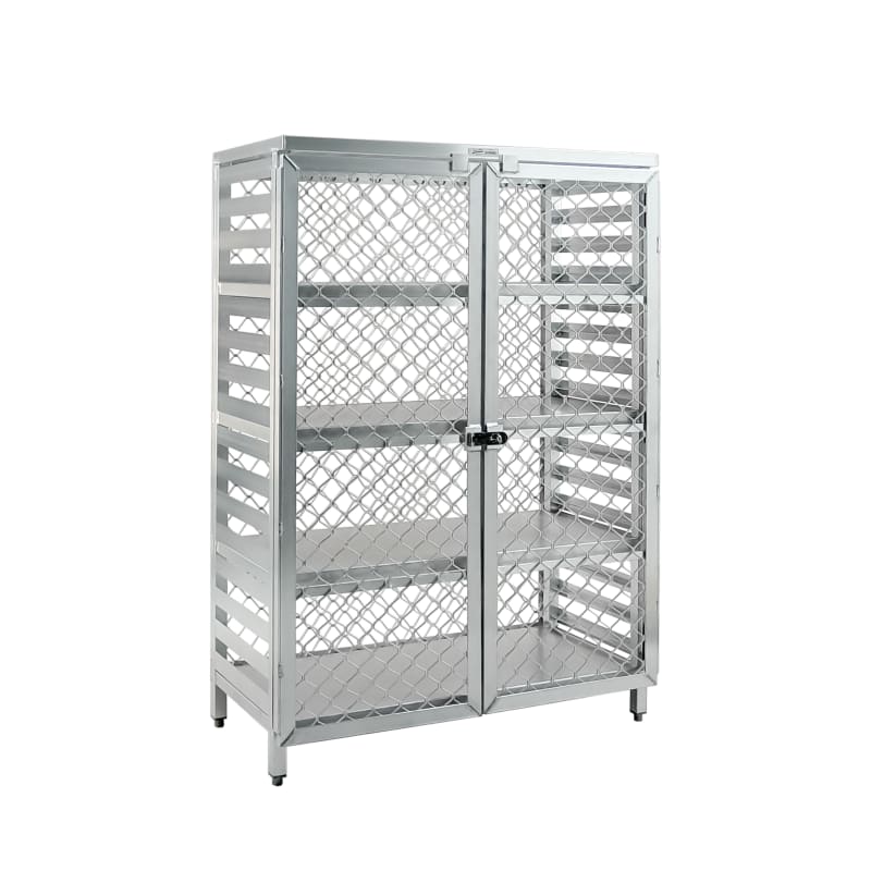New Age Industrial 97846 Stationary Heavy Duty Welded Aluminum Enclosed Security Cage with Adjustable Feet, 4 Solid Shelves & Double Doors - Combination Amplimesh & Slatted Exterior