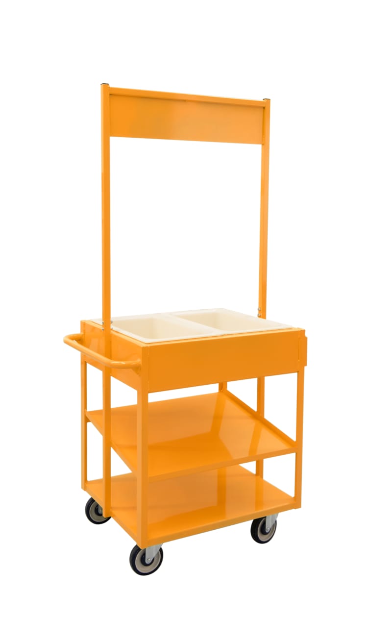 New Age Industrial 52861ORANGE Orange Powder-Coated Heavy Duty Welded Aluminum Merchandising Share Cart With HACCP Compliant Drop-In Cold Food Pans & Slanted Storage Shelves